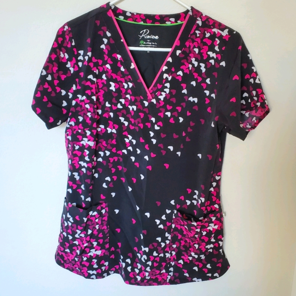 Healing Hands Black and Pink Heart Print Short Sleeve Scrub Top